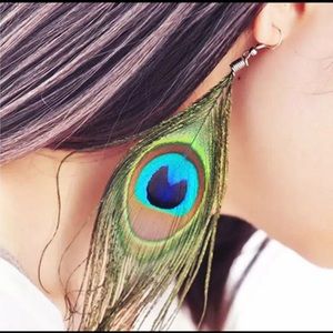 New!! Peacock feather earrings w/ silver metal.